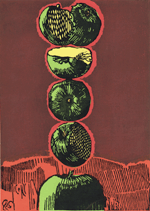 格安通販木版画家　城所祥　『四つの緑色のリンゴ』　共シール　エ3568 木版画